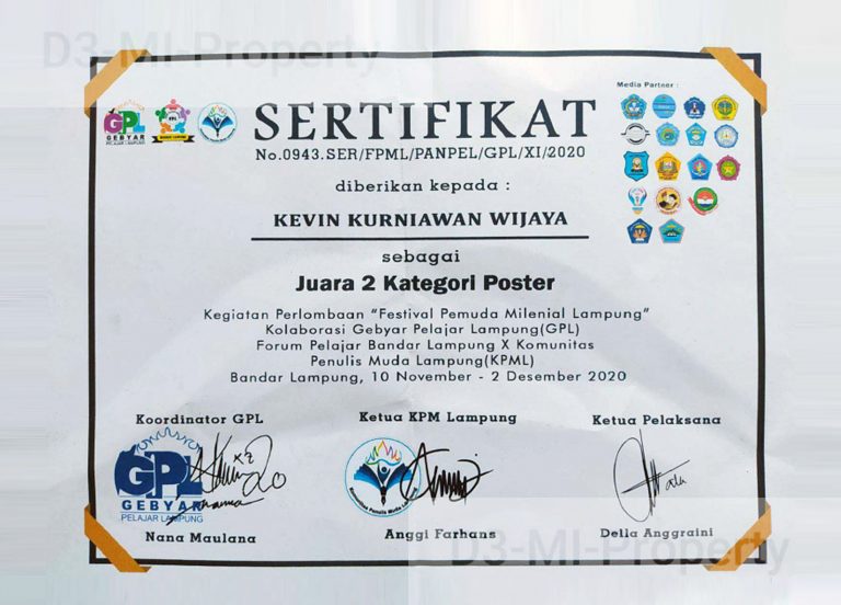Juara II Lomba Desain Poster – Kegiatan Perlombaan  Festival Pemuda Milenial Lampung Tahun 2020